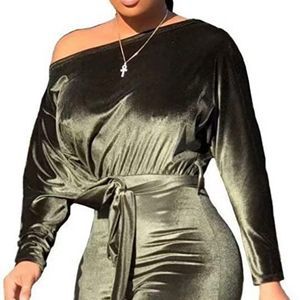 LKOUS Women Velvet Off Shoulder Jumpsuit Long Sleeve Bodycon Pants Suit